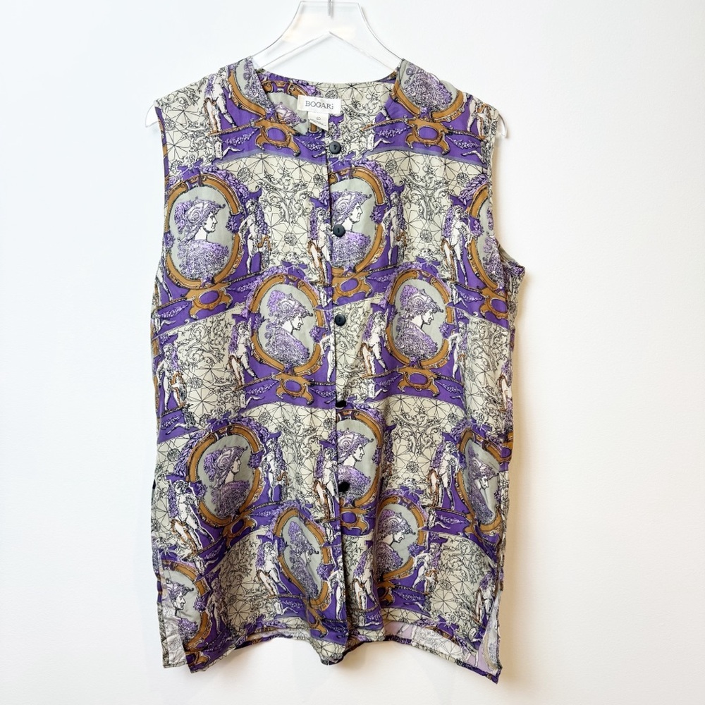 Vintage | Bogari 100% Silk Roman Gargoyle Silk Button Front Shell Tank